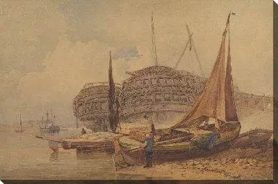 Картина Прибрежная сцена с приставанными к берегу лодками на переднем плане