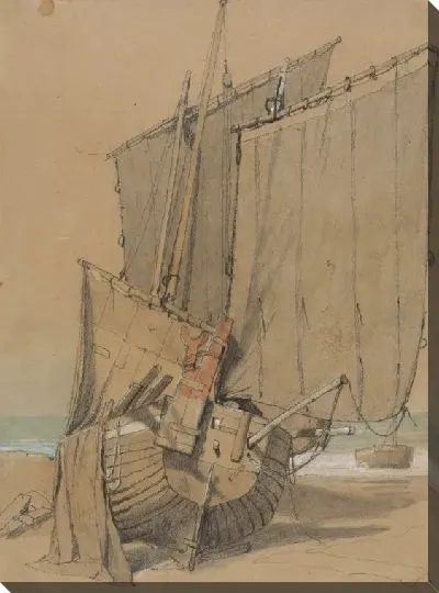 Картина Рыбацкие лодки на пляже с сушкой паруса