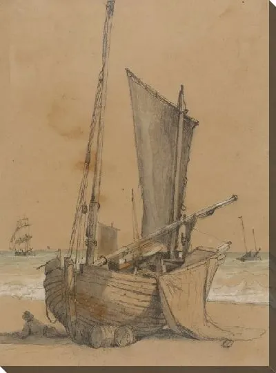 Картина Рыбацкая лодка на пляже с бригом в море