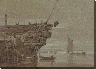 Картина Пришвартованный восточный индиец, маленькие лодки рядом, другие лодки дальше