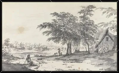 Вид индийской деревни с человеком, сидящим на переднем плане