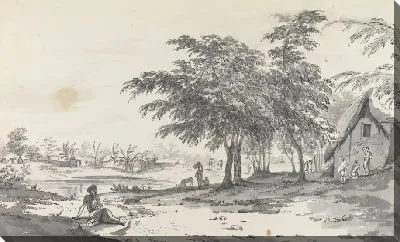 Вид индийской деревни с человеком, сидящим на переднем плане