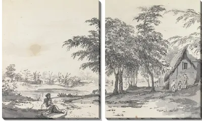 Вид индийской деревни с человеком, сидящим на переднем плане