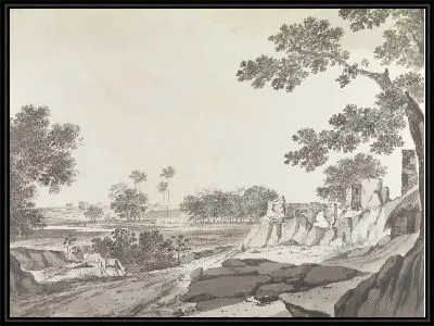 Пейзаж с двумя пасущимися лошадьми и руинами справа