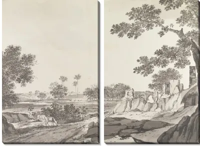 Пейзаж с двумя пасущимися лошадьми и руинами справа