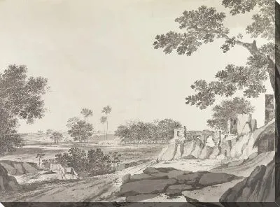 Пейзаж с двумя пасущимися лошадьми и руинами справа