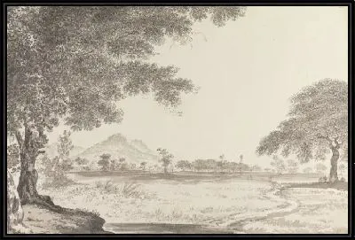 Картина Луговой пейзаж с маленьким прудом на переднем плане и холмами на расстоянии