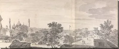 Картина Вид на мечеть и небольшие хижины возле крепости-стены