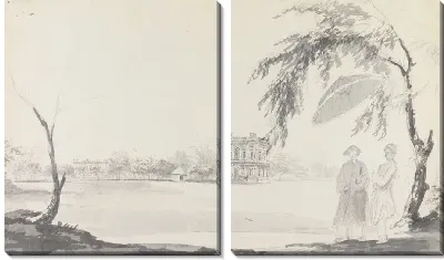 Вид на дом Уоррена Гастингса в Алипуре и две фигуры на переднем плане