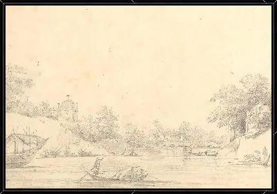 Картина Вид лодок на речке с несколькими зданиями на берегу