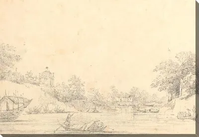 Картина Вид лодок на речке с несколькими зданиями на берегу