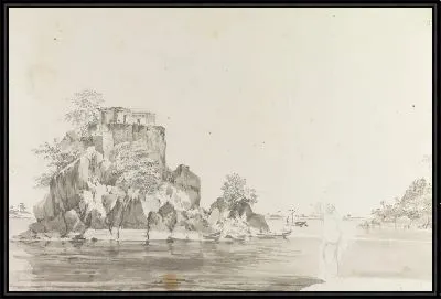 Картина Вид на остров Джангера в Султанжане с женщиной, балансирующей кувшин на переднем плане