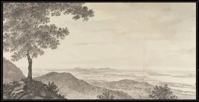 Картина Панорамный пейзаж с деревом на переднем плане слева