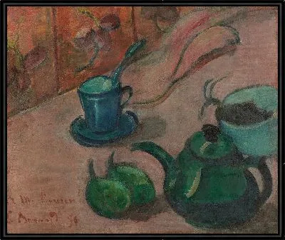 Натюрморт с чайником, чашкой и фруктами 