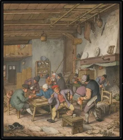 Картина Комната в трактире с крестьянами, пьющими, курящими и играющими в нарды, 1678 год