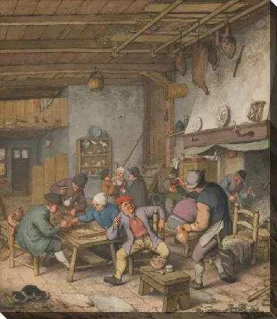 Картина Комната в трактире с крестьянами, пьющими, курящими и играющими в нарды, 1678 год