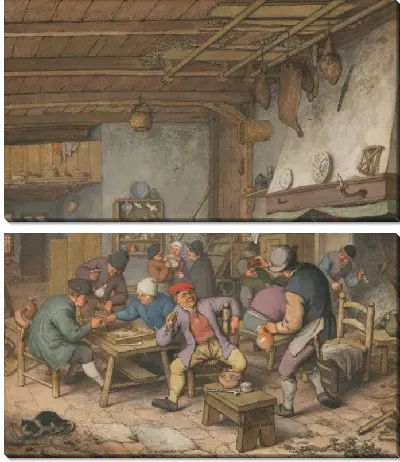 Комната в трактире с крестьянами, пьющими, курящими и играющими в нарды, 1678 год