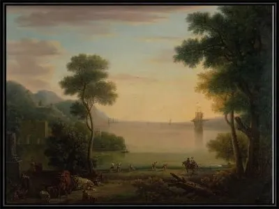 Классический пейзаж с фигурами и животными: закат солнца