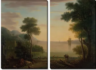 Классический пейзаж с фигурами и животными: закат солнца