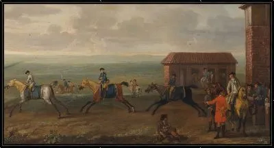 Картина Лорд Портмор наблюдает за скаковыми лошадьми во время учений на Ньюмаркет хит