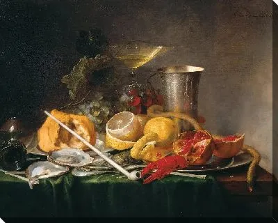 Натюрморт, завтрак с бокалом шампанского и трубкой