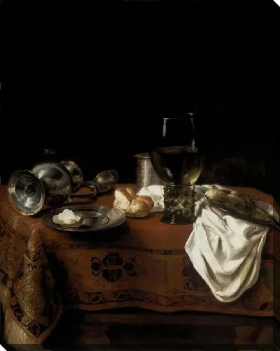 Картина Натюрморт с Ремером, Серебряным Флагоном, Хлебом и Устрицами