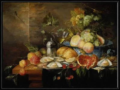 Фруктовый натюрморт с устрицами и бокалом