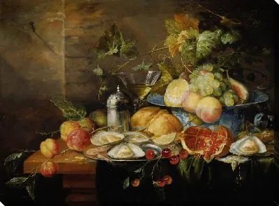 Фруктовый натюрморт с устрицами и бокалом