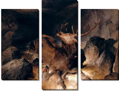 Картина Олень и оленьи собаки в горном потоке 