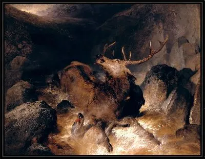 Олень и оленьи собаки в горном потоке 