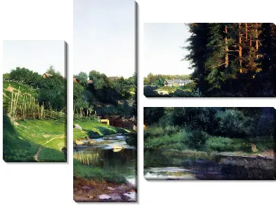 Картина Деревня на берегу речки (The village on the banks of the river)