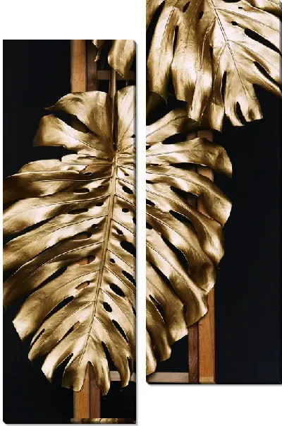 Модульная картина Золотые листья пальмы монстеры