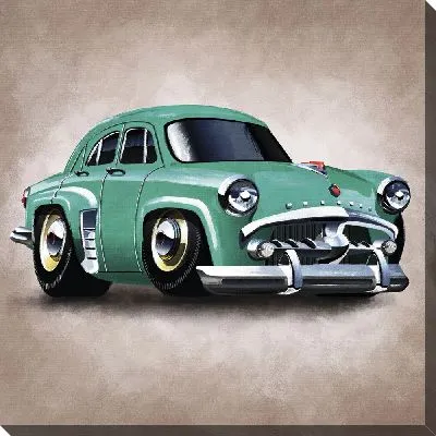 Картина маслом Зеленый, мультяшный ретро-автомобиль