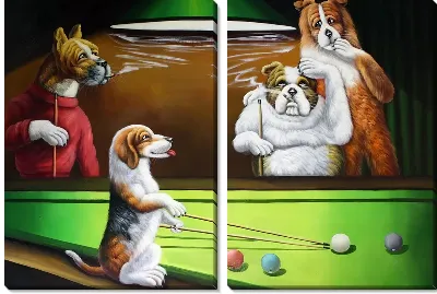 Собака с кием играет в бильярд