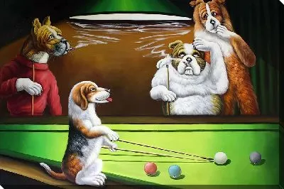 Собака с кием играет в бильярд