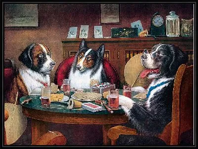 Три собаки играют в настольные карты