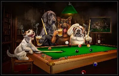 Собаки с пивом играют в бильярд