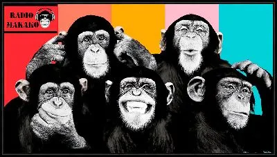 Картина 3+2 обезьяны на полосатом фоне