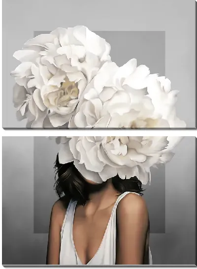 Картина Девушка с цветами на голове на сером фоне