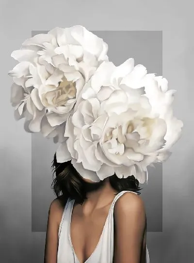 Картина Девушка с цветами на голове на сером фоне