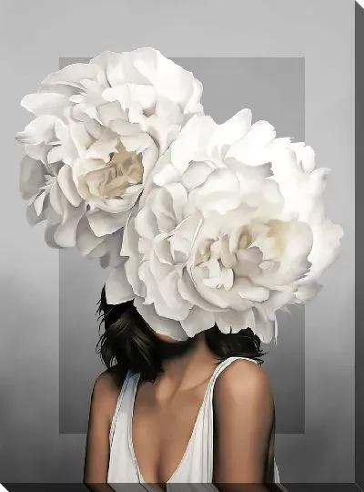 Картина Девушка с цветами на голове на сером фоне