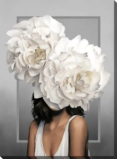 Картина Девушка с двумя цветками на голове на сером фоне