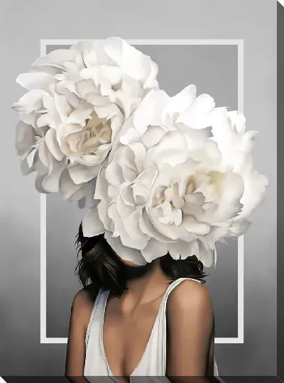 Картина Девушка с пионами на голове на сером фоне 