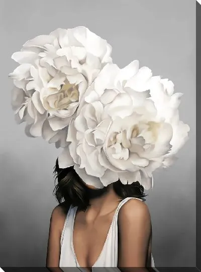 Картина Девушка с двумя пионами на голове на сером фоне