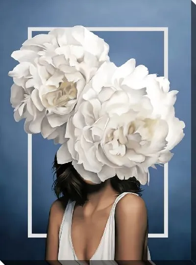 Картина Девушка с пионами на голове на синем фоне