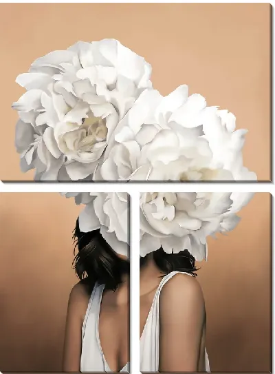 Картина Девушка с цветами на голове на персиковом фоне