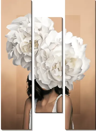 Картина Девушка с двумя цветками на голове на персиковом фоне