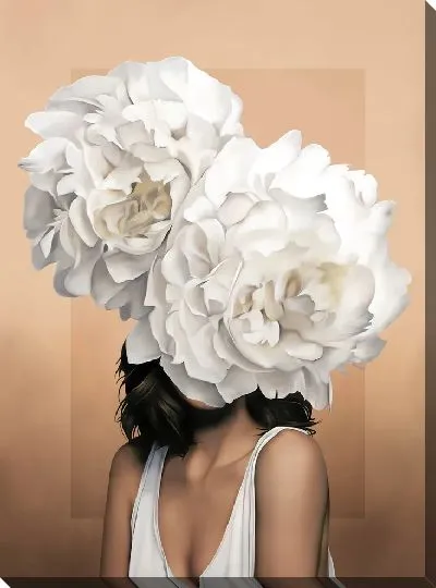 Картина Девушка с двумя цветками на голове на персиковом фоне