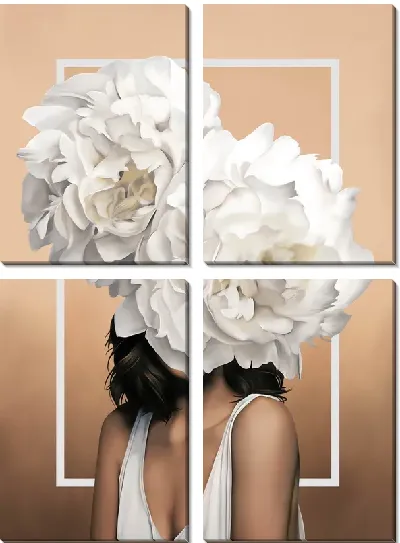 Картина Девушка с пионами на голове на персиковом фоне