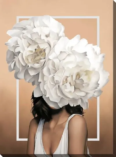 Картина Девушка с пионами на голове на персиковом фоне